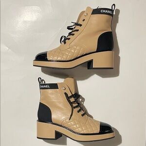 CHANEL Tan and Black Lace Up Boots